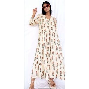 Zara Oyster White Pink Block Print Floral Tiered Maxi Lined Dress XS / NWOT